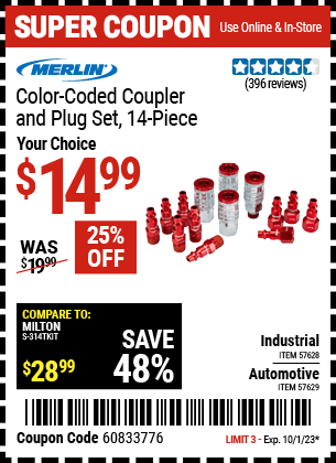 Buy the MERLIN Color-Coded Industrial Coupler And Plug Kit – 14 Pc. (Item 57628/57629) for $14.99, valid through 10/1/2023.