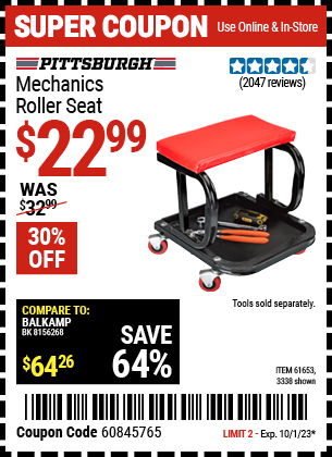 Buy the PITTSBURGH AUTOMOTIVE Mechanic's Roller Seat (Item 3338/61653) for $22.99, valid through 10/1/2023.