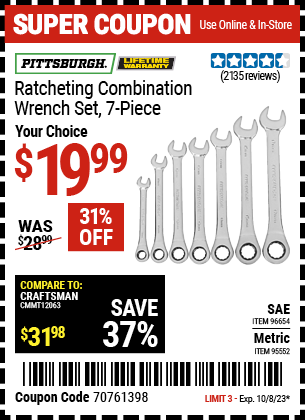 Buy the PITTSBURGH Metric Combination Ratcheting Wrench Set 7 Pc. (Item 95552/96654) for $19.99, valid through 10/8/2023.
