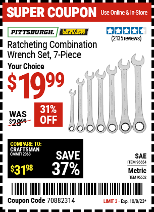 Buy the PITTSBURGH Metric Combination Ratcheting Wrench Set 7 Pc. (Item 95552/96654) for $19.99, valid through 10/8/23.