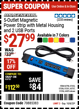 Buy the U.S. GENERAL 5 Outlet Magnetic Power Strip with Metal Housing and 2 USB Ports (Item 57250/57251/57252/57256/63737/64798/64876) for $27.99, valid through 10/8/23.