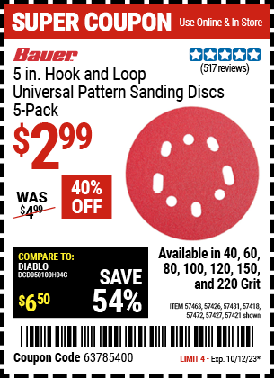 Buy the BAUER 5 in. 120 Grit Hook and Loop Universal Pattern Sanding Discs, 5 Pk. (Item 57418/57421/57426/57427/57463/57472/57481) for $2.99, valid through 10/12/2023.