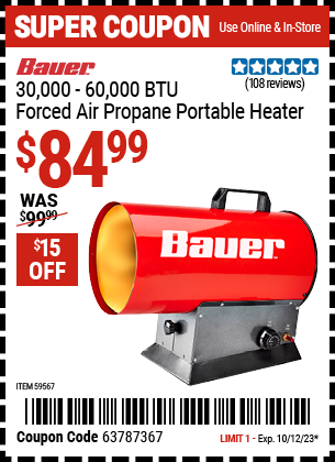 Buy the BAUER 30000 (Item 59567) for $84.99, valid through 10/12/2023.