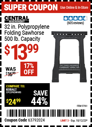 CENTRAL MACHINERY 500 lb. Sawhorse for $13.99 – Harbor Freight Coupons