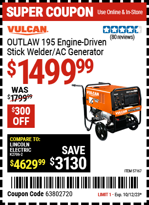 Buy the VULCAN OUTLAW 195 Engine Driven Stick Welder / AC Generator (Item 57167) for $1499.99, valid through 10/12/2023.