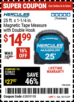 HERCULES 25 ft. Magnetic Tape Measure for $14.99 – Harbor Freight Coupons