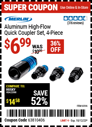 Buy the MERLIN High Flow Aluminum Coupler Connector Kit 4 Pc. (Item 63546) for $6.99, valid through 10/12/2023.