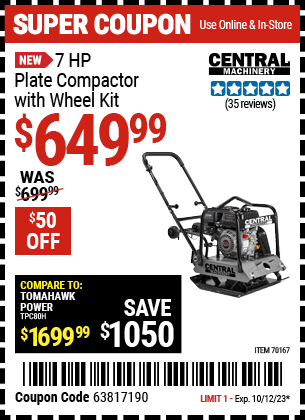 Buy the CENTRAL MACHINERY 6.5 HP Plate Compactor with Wheel Kit (Item 70167) for $649.99, valid through 10/12/2023.