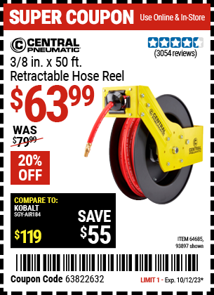Buy the CENTRAL PNEUMATIC 3/8 in. X 50 ft. Retractable Hose Reel (Item 93897/64685) for $63.99, valid through 10/12/2023.