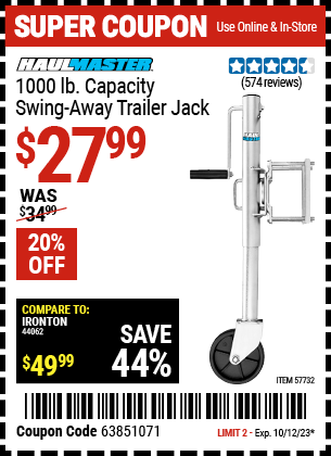 Buy the HAUL-MASTER 1000 lb. Swing-Back Bolt-On Trailer Jack (Item 57732) for $27.99, valid through 10/12/2023.