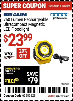 Buy the BRAUN 750 Lumen Rechargeable Ultracompact Magnetic LED Floodlight (Item 59587) for $23.99, valid through 10/12/2023.
