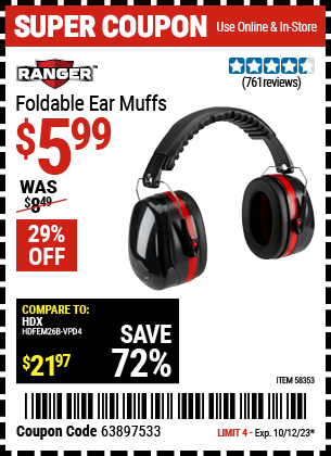Buy the RANGER Foldable Ear Muffs (Item 58353) for $5.99, valid through 10/12/2023.