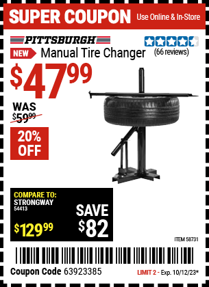 Buy the PITTSBURGH Manual Tire Changer (Item 58731) for $47.99, valid through 10/12/2023.