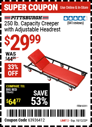 Buy the PITTSBURGH AUTOMOTIVE 250 Lbs. Capacity Heavy Duty Creeper With Adjustable Headrest (Item 63311) for $29.99, valid through 10/12/2023.