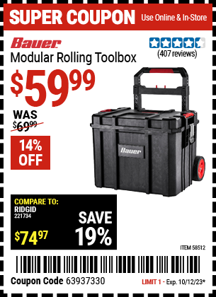 Buy the BAUER Modular Rolling Tool Box (Item 58512) for $59.99, valid through 10/12/2023.