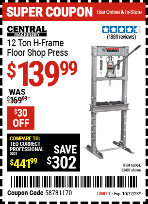 Buy the CENTRAL MACHINERY 12 ton H-Frame Industrial Heavy Duty Floor Shop Press (Item 33497/60604) for $139.99, valid through 10/12/23.