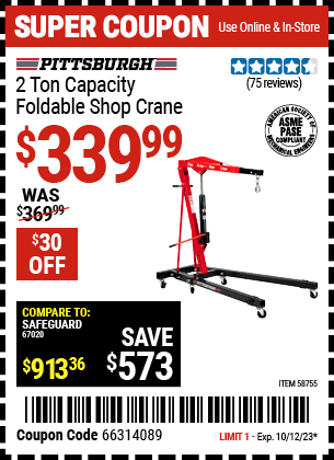 Buy the PITTSBURGH 2 Ton-Capacity Foldable Shop Crane (Item 58755) for $339.99, valid through 10/12/23.