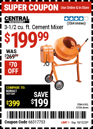 Buy the CENTRAL MACHINERY 3-1/2 Cubic ft. Cement Mixer (Item 67536/61932) for $199.99, valid through 10/12/23.