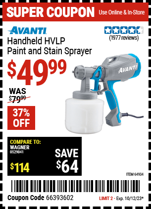 Buy the AVANTI Handheld HVLP Paint & Stain Sprayer (Item 64934) for $49.99, valid through 10/12/23.