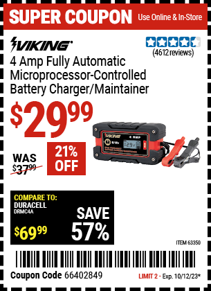 Buy the VIKING 4 Amp Fully Automatic Microprocessor Controlled Battery Charger/Maintainer (Item 63350) for $29.99, valid through 10/12/23.