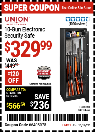 Buy the UNION SAFE COMPANY 10 Gun Electronic Security Safe (Item 64011/64008) for $329.99, valid through 10/12/23.
