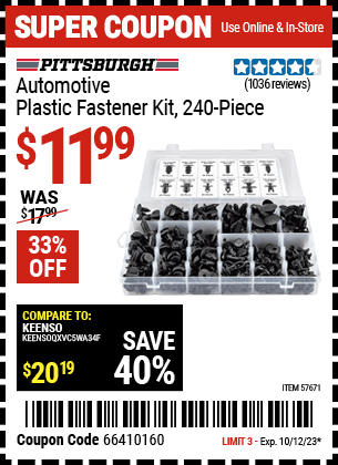 Buy the PITTSBURGH Automotive Plastic Fastener Kit (Item 57671) for $11.99, valid through 10/12/23.