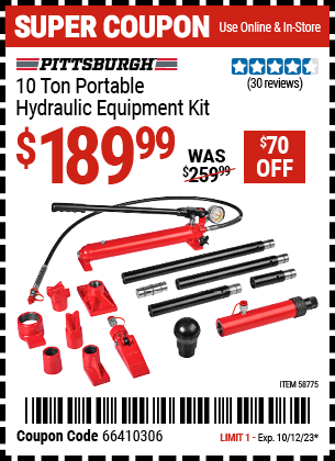 Buy the PITTSBURGH 10 Ton Portable Hydraulic Equipment Kit (Item 58775) for $189.99, valid through 10/12/23.