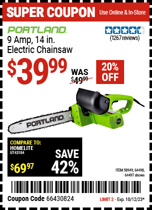 Buy the PORTLAND 9 Amp 14 in. Electric Chainsaw (Item 58949/6449764498) for $39.99, valid through 10/12/23.