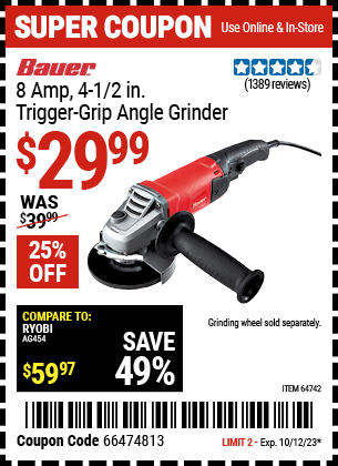 Buy the BAUER Corded 4-1/2 in. 8 Amp Heavy Duty Trigger Grip Angle Grinder with Tool-Free Guard (Item 64742) for $29.99, valid through 10/12/23.
