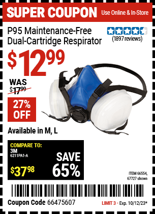 Buy the GERSON P95 Maintenance-Free Dual Cartridge Respirator Large (Item 67727/66554) for $12.99, valid through 10/12/23.