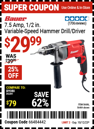 Buy the BAUER 1/2 in. 7.5 A Heavy Duty Variable Speed Reversible Hammer Drill (Item 56404/56686) for $29.99, valid through 10/12/23.