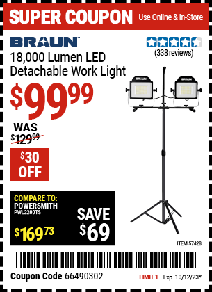 Buy the BRAUN 18-000 Lumen LED Detachable Work Light (Item 57428) for $99.99, valid through 10/12/23.
