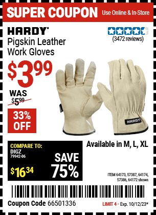 Buy the HARDY Pigskin Leather Work Gloves Large (Item 64172/6.42E+19) for $3.99, valid through 10/12/23.