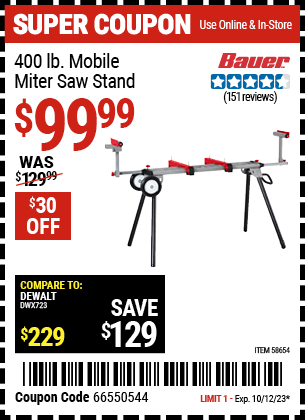 Buy the BAUER 400 lb. Mobile Miter Saw Stand (Item 58654) for $99.99, valid through 10/12/23.