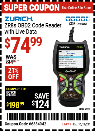 Buy the ZURICH ZR8S OBD2 Code Reader with Live Data (Item 57667) for $74.99, valid through 10/12/23.
