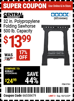 Buy the CENTRAL MACHINERY 500 lb. Sawhorse (Item 57561) for $13.99, valid through 10/12/23.