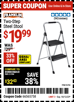 Buy the FRANKLIN Two-Step Steel Stool (Item 56760) for $19.99, valid through 10/12/23.