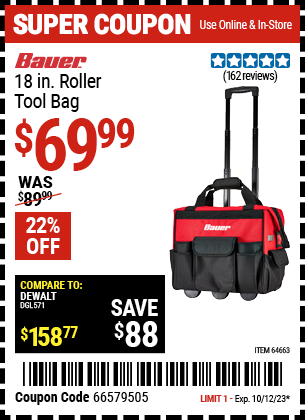 Buy the BAUER 18 in. Roller Tool Bag (Item 64663) for $69.99, valid through 10/12/23.