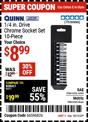 Buy the QUINN 1/4 in. Drive Metric Chrome Socket Set 10 Pc. (Item 64205/64203/64204) for $8.99, valid through 10/12/23.