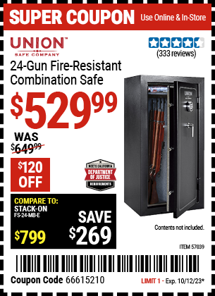Buy the UNION SAFE COMPANY 24 Gun Fire Resistant Combination Safe (Item 57039) for $529.99, valid through 10/12/23.