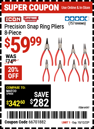 Buy the ICON Precision Snap Ring Pliers 8 Pc. (Item 64597) for $59.99, valid through 10/12/23.