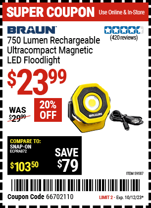 Buy the BRAUN 750 Lumen Rechargeable Ultra-Compact Magnetic LED Floodlight (Item 59587) for $23.99, valid through 10/12/23.
