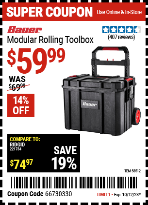 Buy the BAUER Modular Rolling Tool Box (Item 58512) for $59.99, valid through 10/12/23.