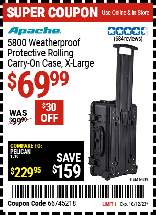 Buy the APACHE 5800 Weatherproof Protective Rolling Carry-On Case (X-Large) (Item 64819) for $69.99, valid through 10/12/23.