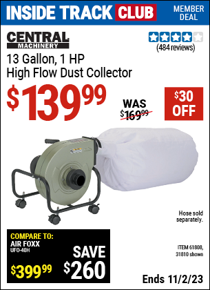Inside Track Club members can buy the CENTRAL MACHINERY 13 gallon 1 HP Heavy Duty High Flow Dust Collector (Item 31810/61808) for $139.99, valid through 11/2/2023.