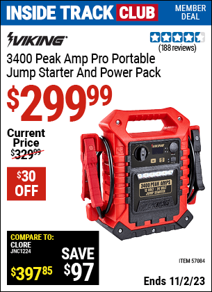 Inside Track Club members can buy the VIKING 3400 Peak Amp Pro Portable Jump Starter And Power Pack (Item 57084) for $299.99, valid through 11/2/2023.