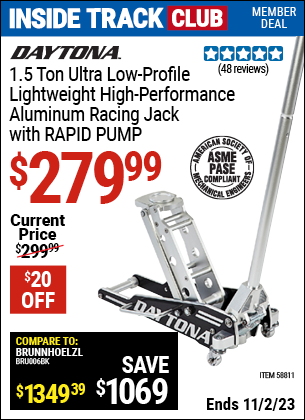 Inside Track Club members can buy the DAYTONA 1.5 ton Ultra Low Profile High Performance Aluminum Racing Jack with RAPID PUMP (Item 58811) for $279.99, valid through 11/2/2023.