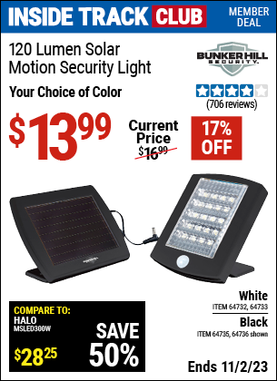 Inside Track Club members can buy the BUNKER HILL SECURITY 120 Lumen Solar Motion Security Light (Item 64736/64735/64732/64733) for $13.99, valid through 11/2/2023.