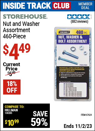 Inside Track Club members can buy the STOREHOUSE 460 Piece Nut and Washer Assortment (Item 67624) for $4.49, valid through 11/2/2023.