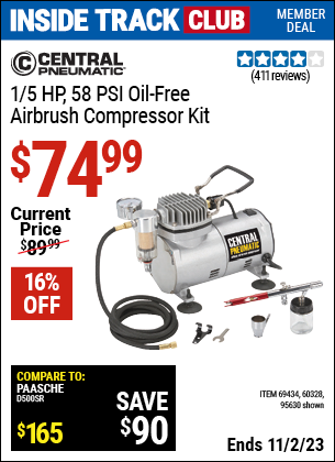 CENTRAL PNEUMATIC 1/5 HP 58 PSI Oil-Free Airbrush Compressor Kit